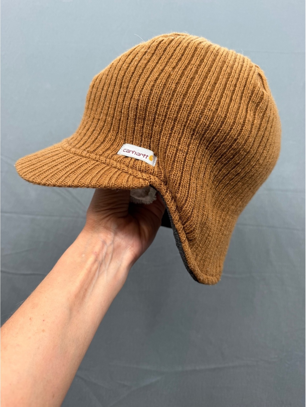 Carhartt Brown Knit Winter Hat with Ear Flaps and Brim, One Size Fits All